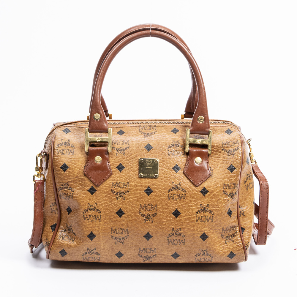 MCM Small Boston in Cognac/Tan Visetos Coated Canvas